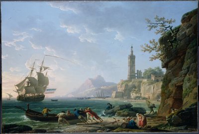 Claude-Joseph Vernet. Kustlandschap aan de Middellandse Zee. Nederlands handelsschip in een baai. door Claude Joseph Vernet